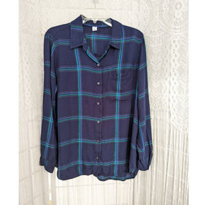 Old Navy Women's Blue Green and Metallic Silver Plaid Flannel Size Large